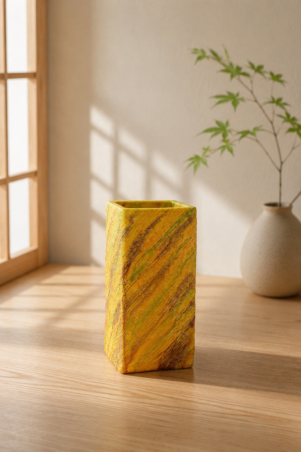 Handcrafted Kyoto Ware porcelain vase by Nishikawa Teizaburou featuring textured Sansai glaze in yellow, green and earthy brown tones.