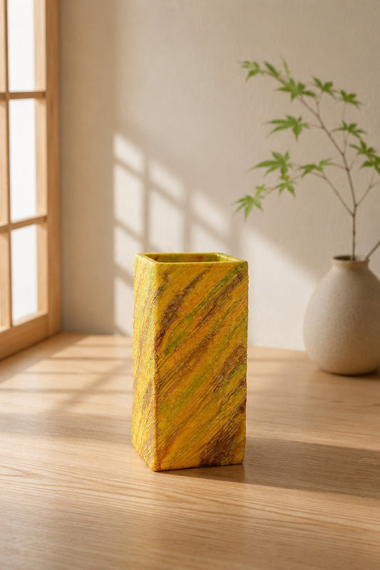 Handcrafted Kyoto Ware porcelain vase by Nishikawa Teizaburou featuring textured Sansai glaze in yellow, green and earthy brown tones.